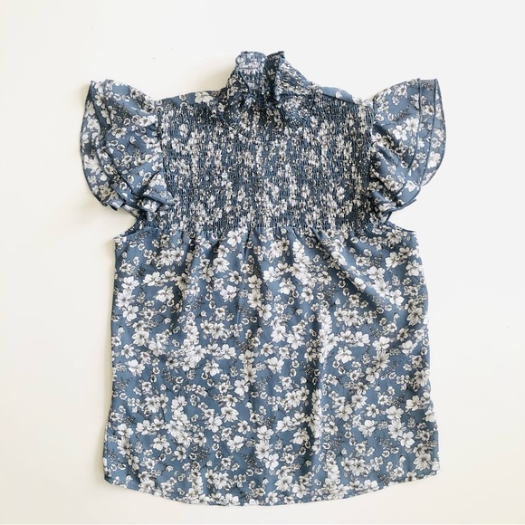 Lulus Floral Blue Mock Neck Blouse Cap Sleeve S - Picture 1 of 4